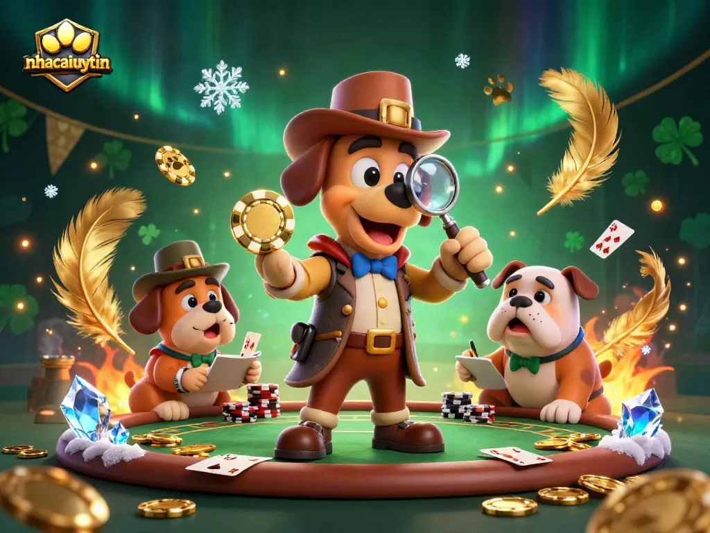 nhacaiuytin features a cartoon detective and companion at a poker table deciphering clues amidst vibrant casino elements.