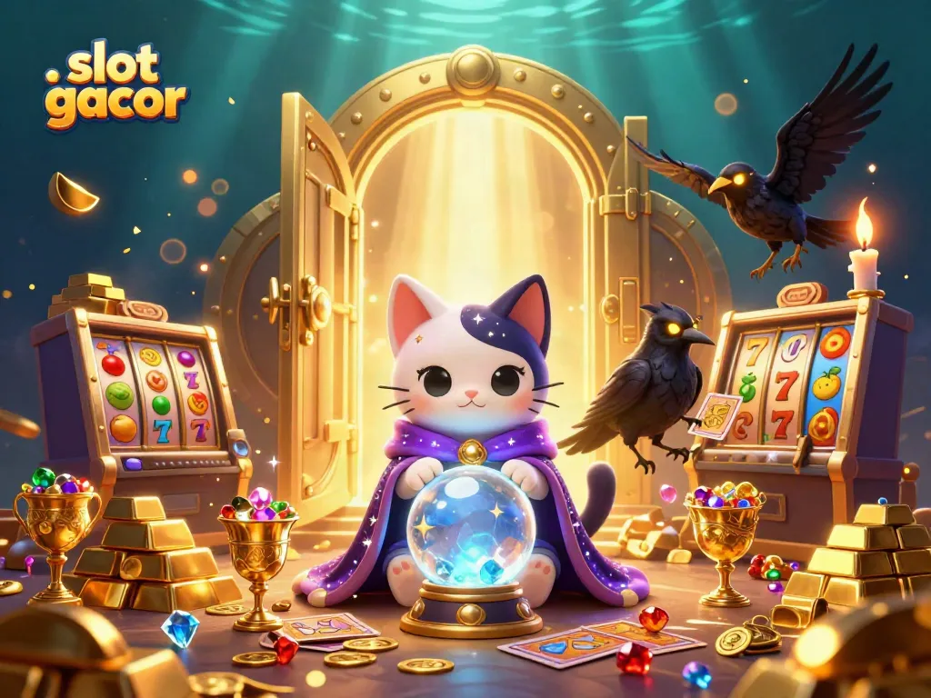 Experience the thrill of slot gacor with a vibrant mystical casino scene featuring a fortune teller cat and tarot raven.