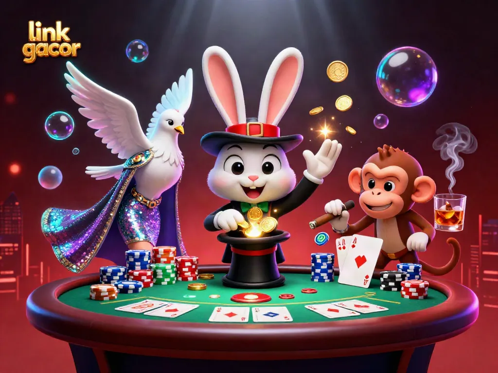Engage with the magic of link gacor in this vibrant casino scene featuring a magician rabbit and playful characters.