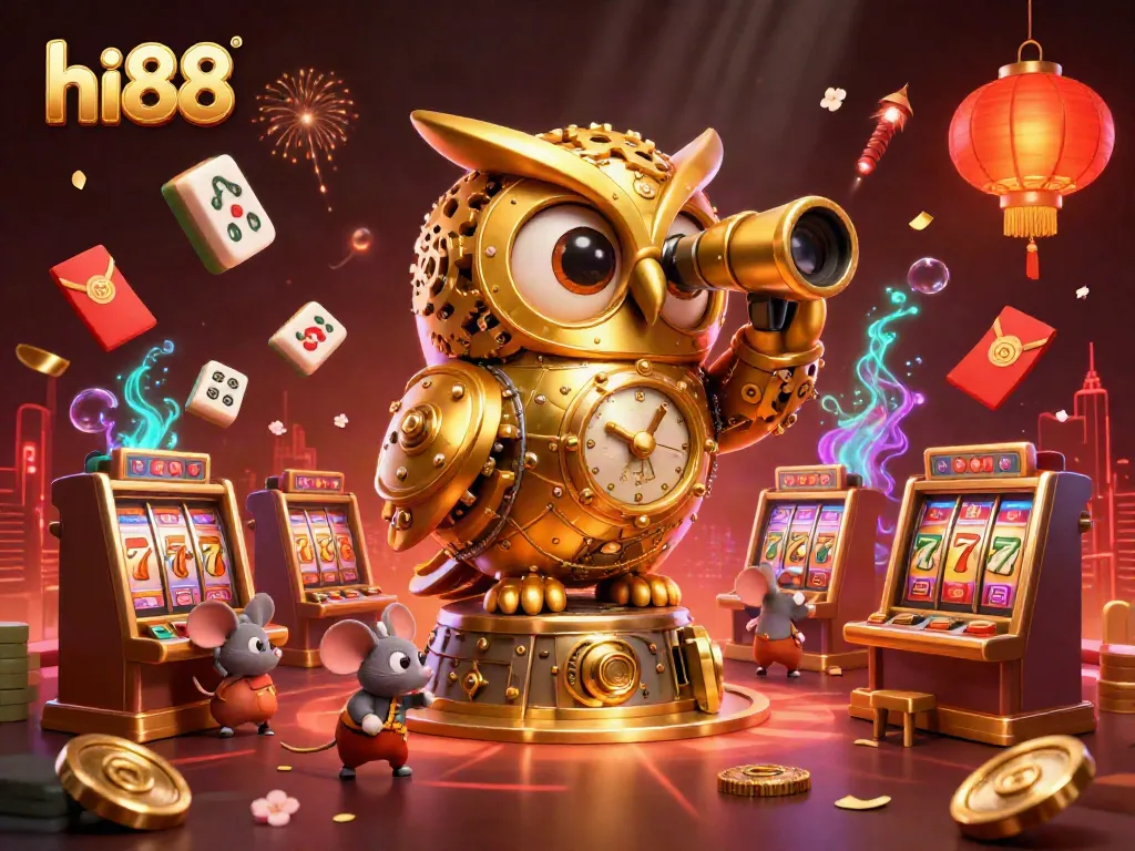 Experience the excitement of hi88 as golden owls and animated mice play among shimmering slots and festive decorations.
