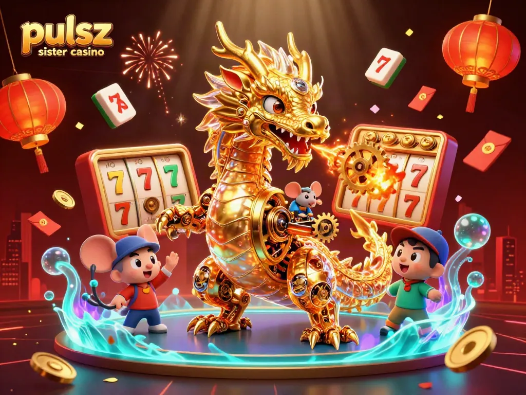 Engage in the thrilling action at pulsz sister casino featuring a golden dragon and festive gaming elements