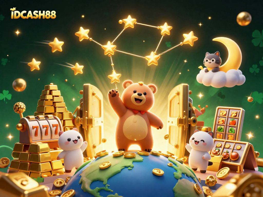 Play slots with IDCASH88's celestial bear as it scoops coins while treasures burst from a vault.