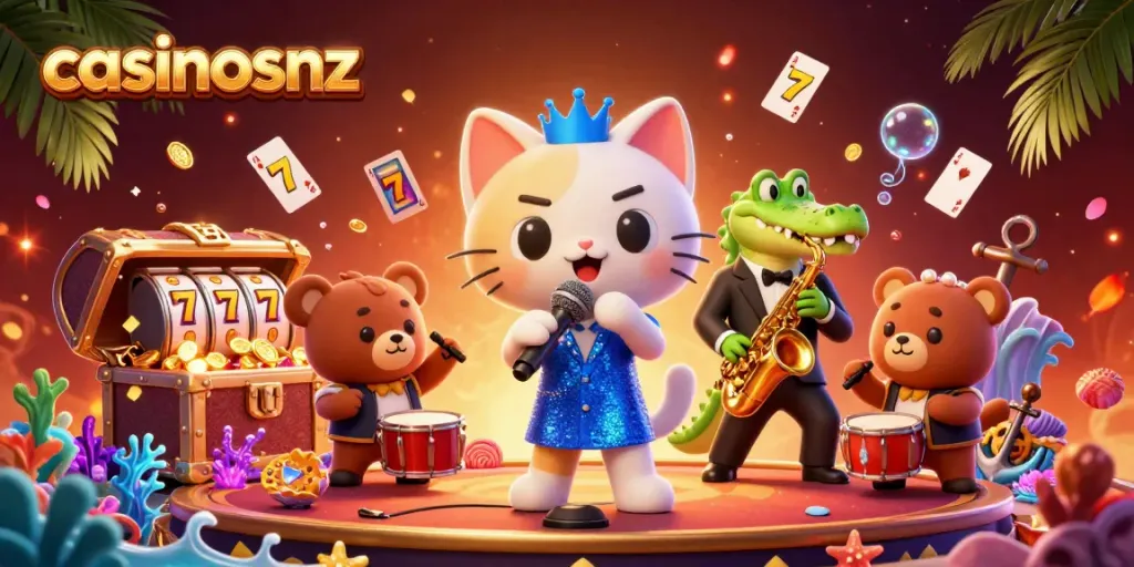 Engage with casinosnz in a vibrant 3D scene featuring a jazz-singer cat, saxophone crocodile, and drum-playing bear surrounded by casino icons.