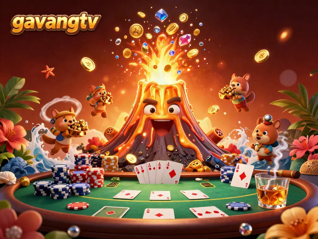 Join the excitement with gavangtv in this vibrant 3D illustration featuring poker elements and a gold volcano!