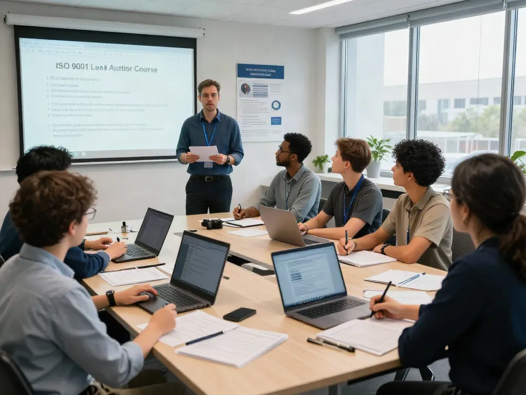 ISO 9001 Lead Auditor Course participants engaged in training session with instructor, focusing on quality management skills.