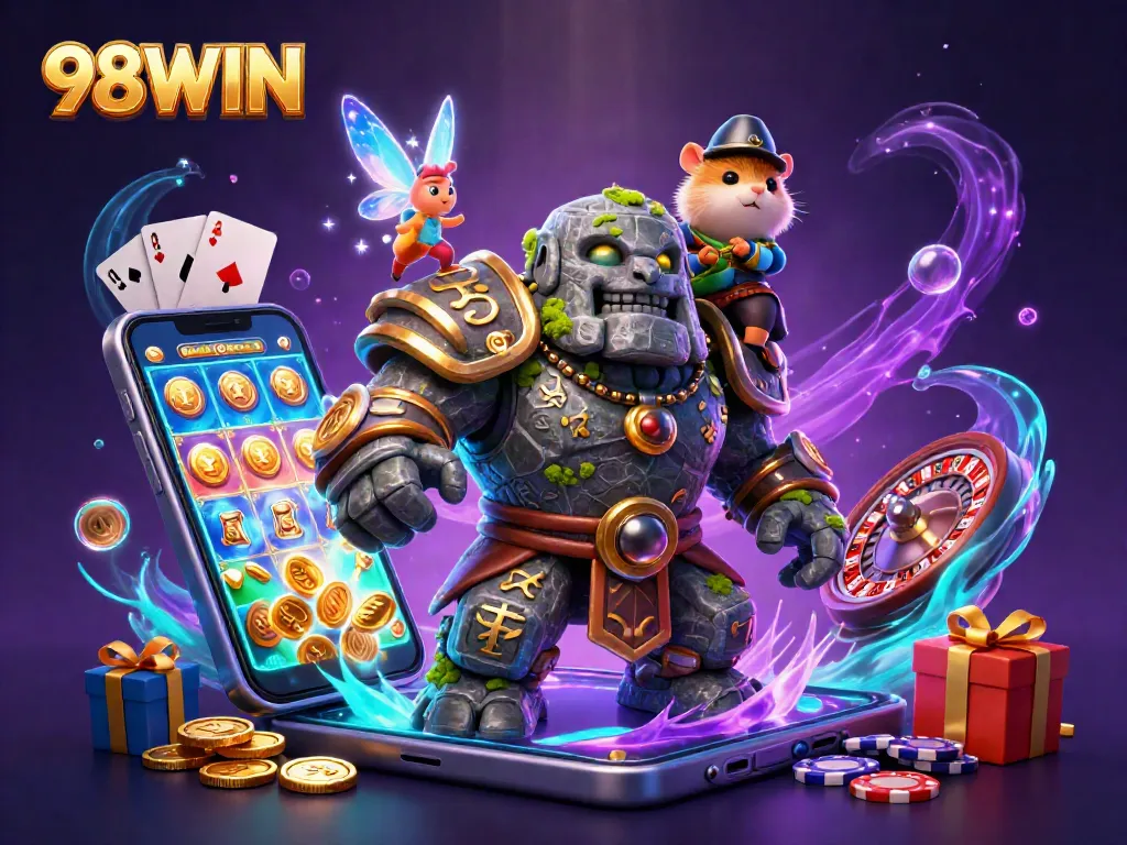 Experience dazzling wins at 98WIN with a lively trio of characters amidst thrilling casino elements and magic.