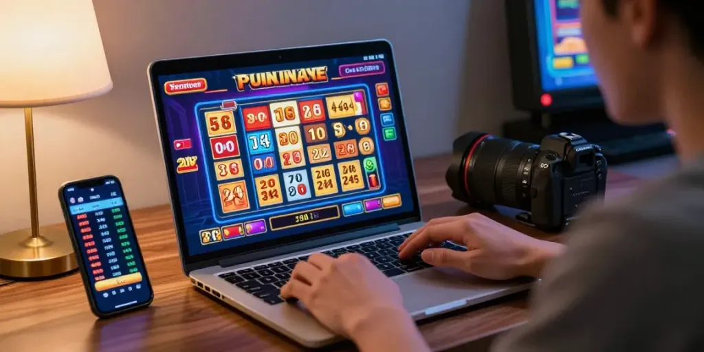 Pengguna jagototo sedang terlibat dalam permainan online dengan grafik permainan yang menyala.