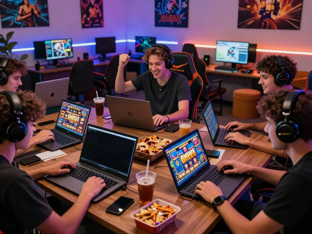 Players enjoying a big win on bro138's online gaming hub with vibrant graphics and modern gaming setup.