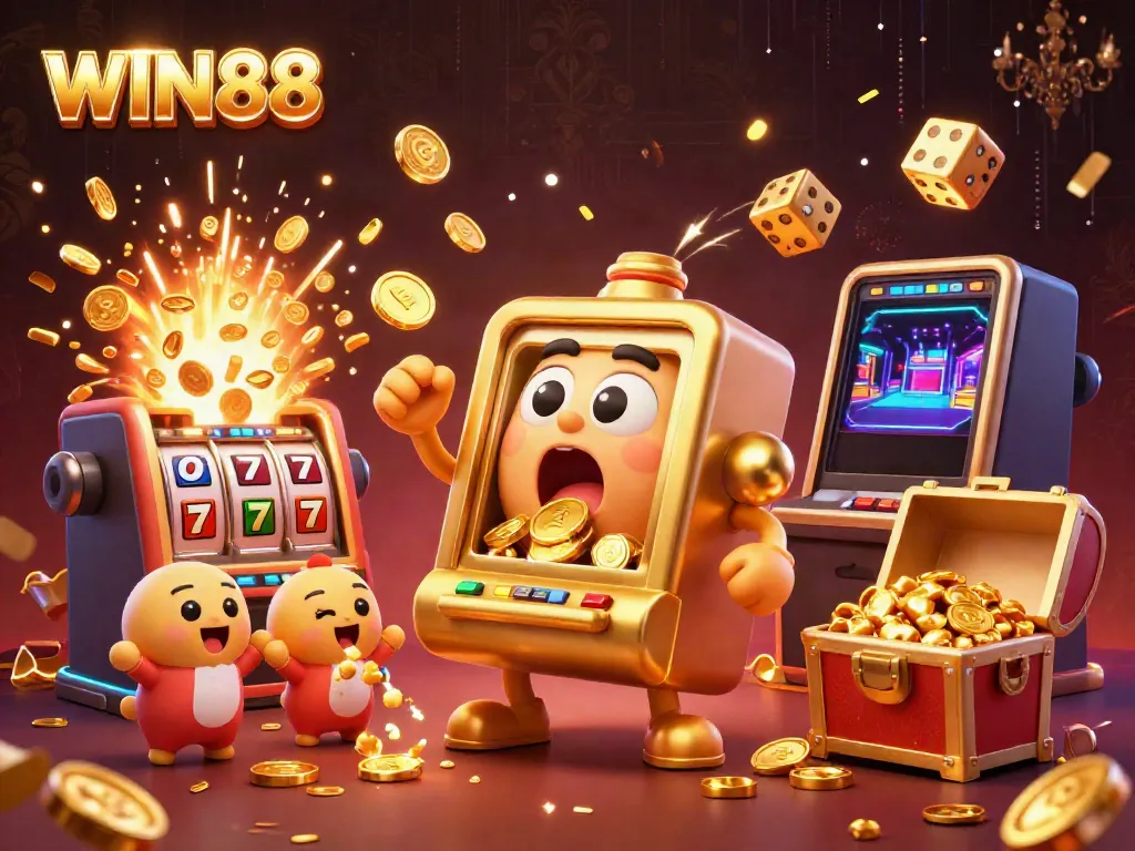 WIN88 casino slot machine pouring coins in a colorful jackpot celebration scene.