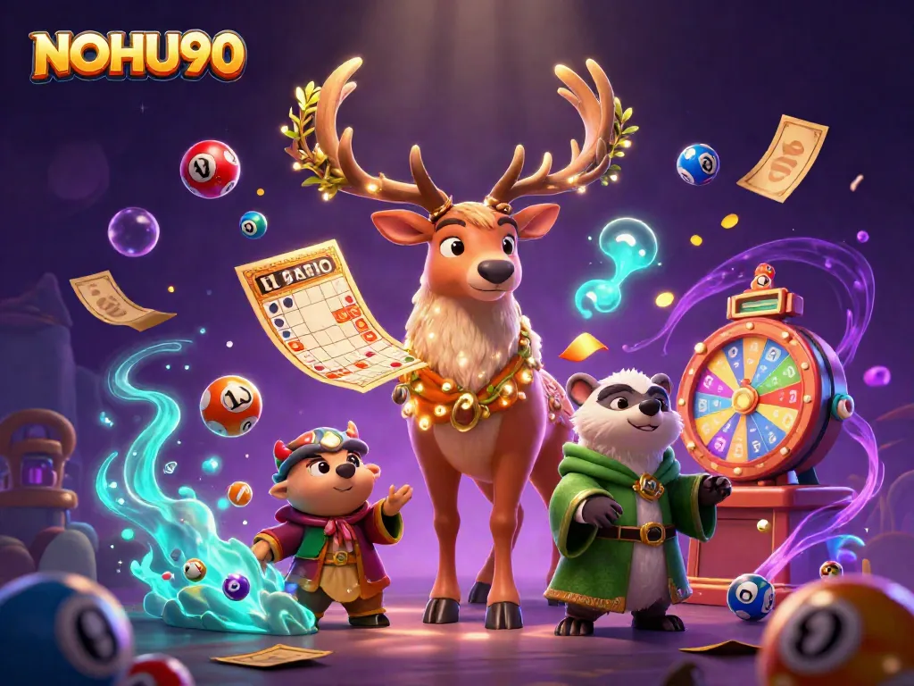 Engage with the NOHU90 gaming adventure featuring vibrant bursts of excitement from lottery-themed elements.