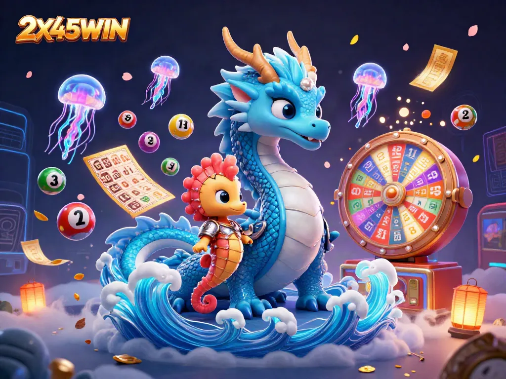 Menangkan slot dengan 2X45WIN dan berbagai elemen menarik seperti bola lotere dan kartu bingo.