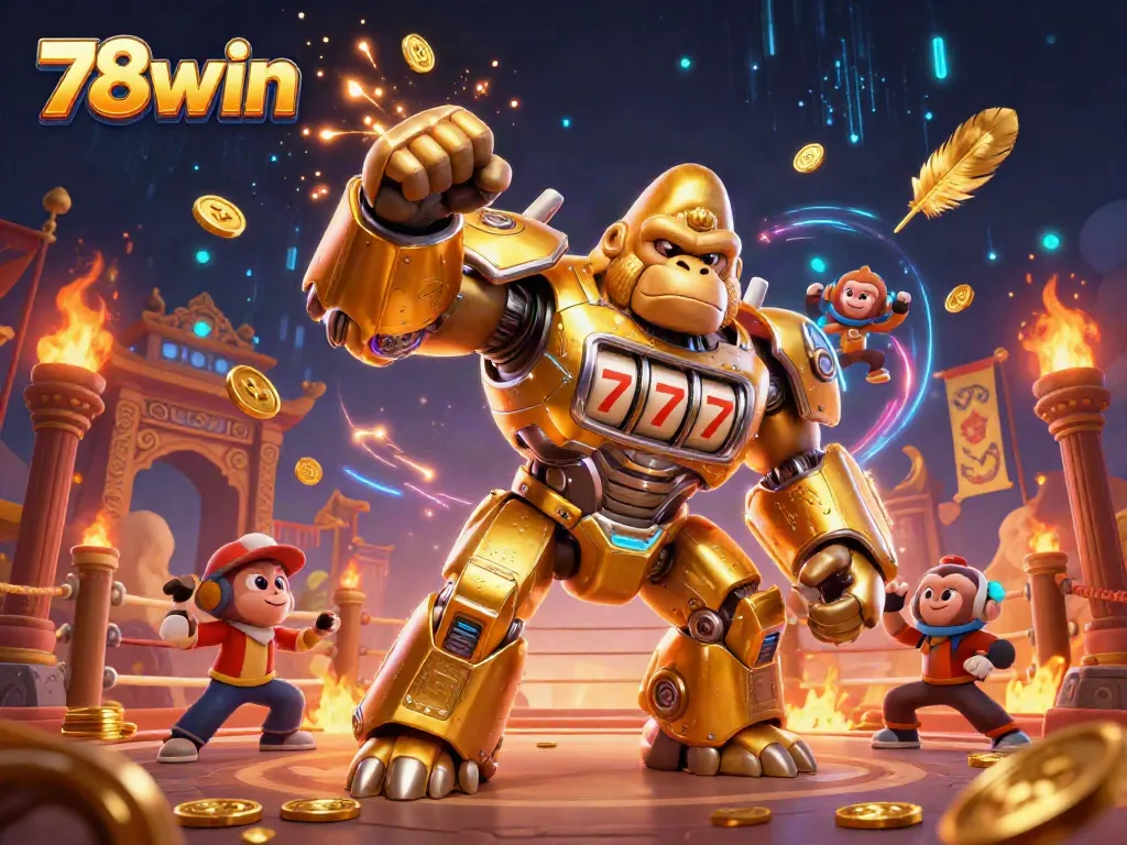 Engage with the thrilling 78win gaming atmosphere featuring a dynamic illustration of a golden gorilla mech amidst slot machine elements.