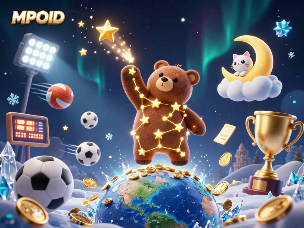 Experience the excitement of MPOID through a captivating 3D digital illustration with dynamic gaming elements.