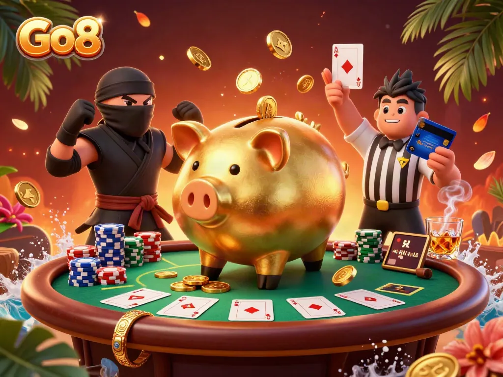Gamble with Go8 in a vibrant casino scene featuring dynamic characters and poker elements.