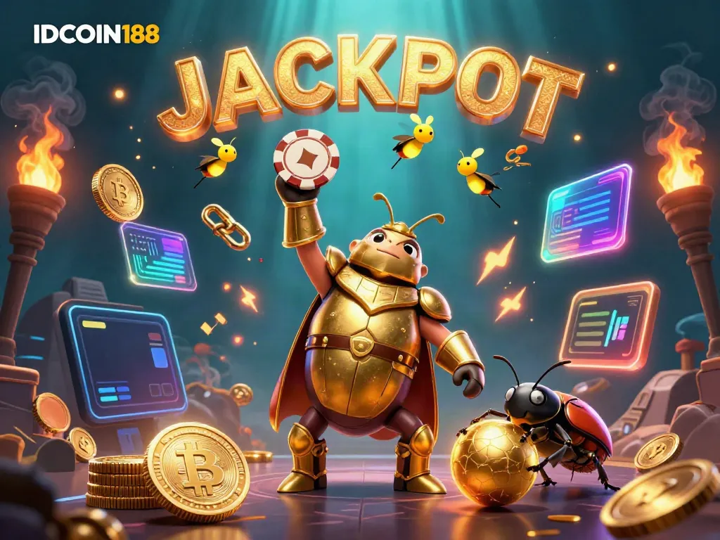 IDCOIN188 presents a dynamic casino scene with a victorious beetle champion lifting a poker chip.