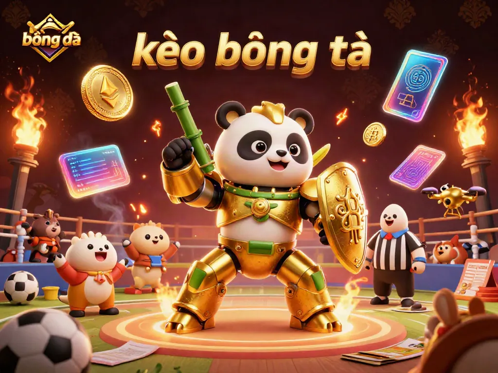 Engaging scene with kèo bóng đá featuring a golden panda in a mech-suit among cheering animals and glowing crypto elements.