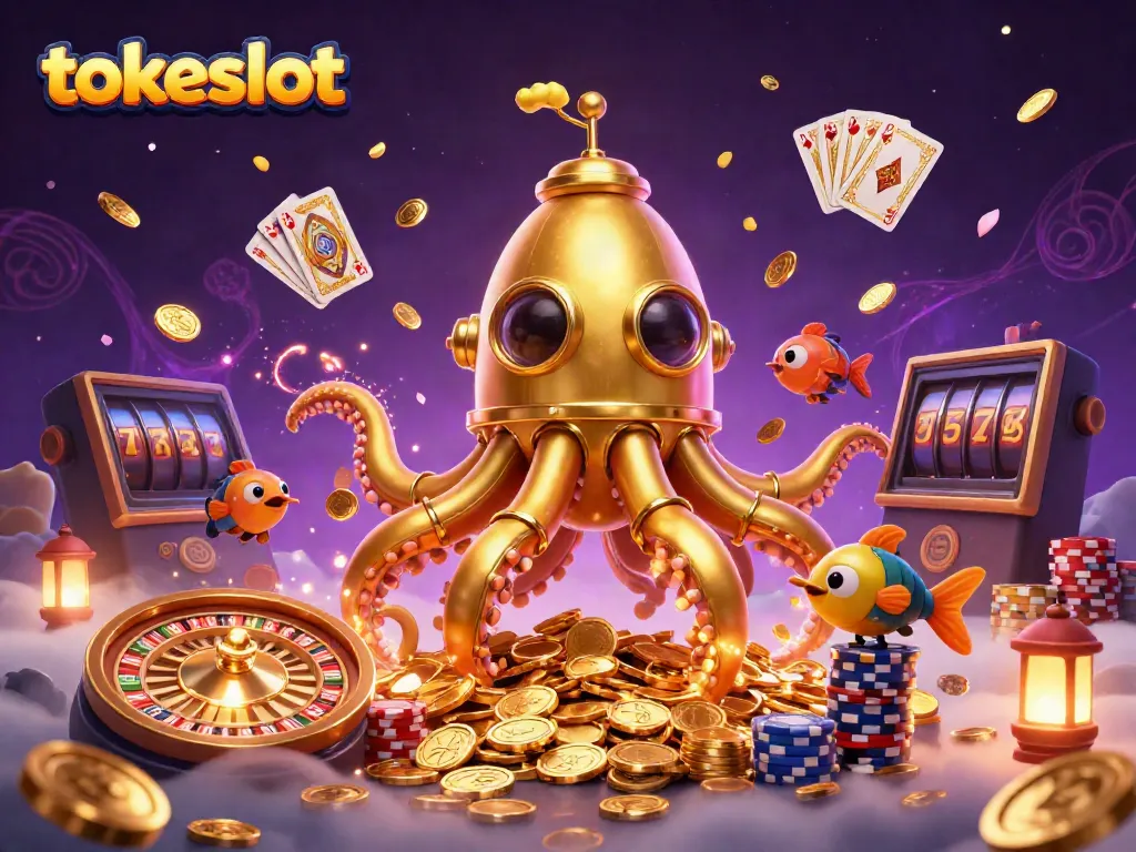Experience the thrill of tokeslot with vibrant 3D golden submarine and cascading casino elements.