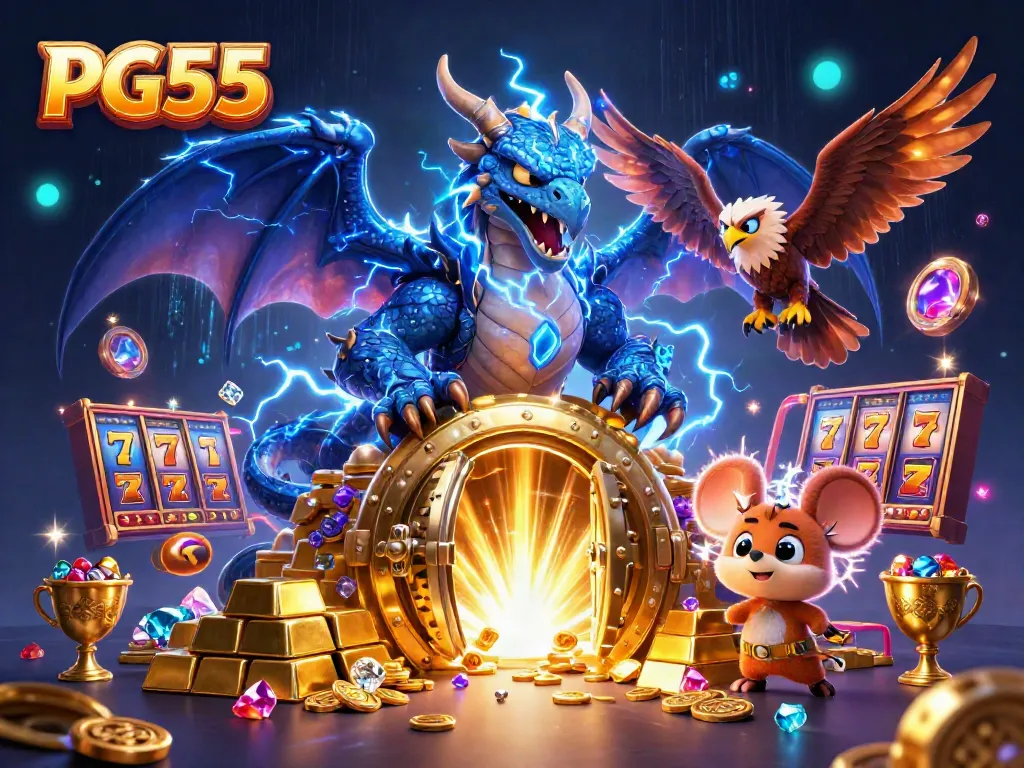 Experience high energy with PG55 in a vibrant, dynamic casino setting full of treasures.