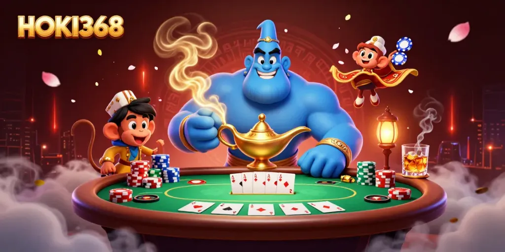 Experience the thrill of HOKI368 with a dynamic illustration of a blue genie, poker elements, and vibrant casino atmosphere.