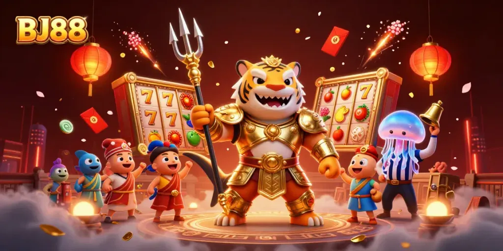 BJ88 showcases a thrilling casino scene with a tiger shark, slot game reels, and festive decorations.