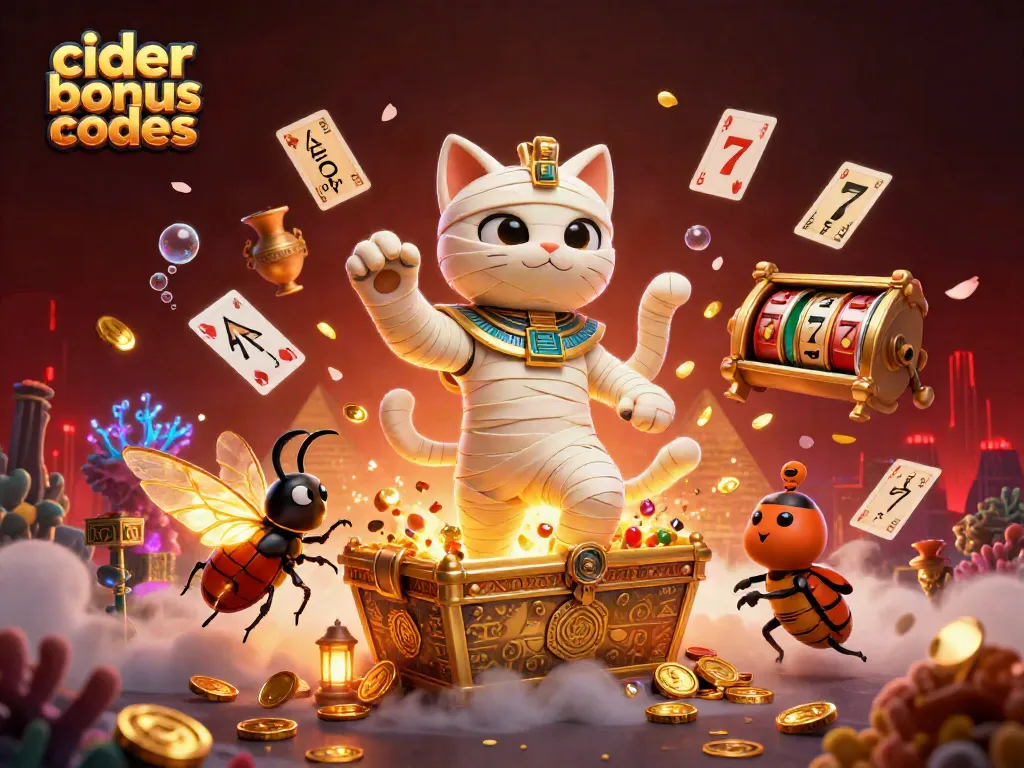 Play exciting games with cider casino bonus codes featuring a mummy cat and treasure elements.