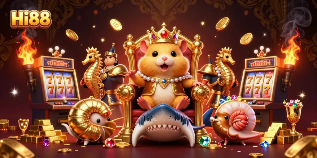 Experience thrilling gameplay at Hi88 with a golden hamster king surrounded by treasure, slot machines, and casino elements.