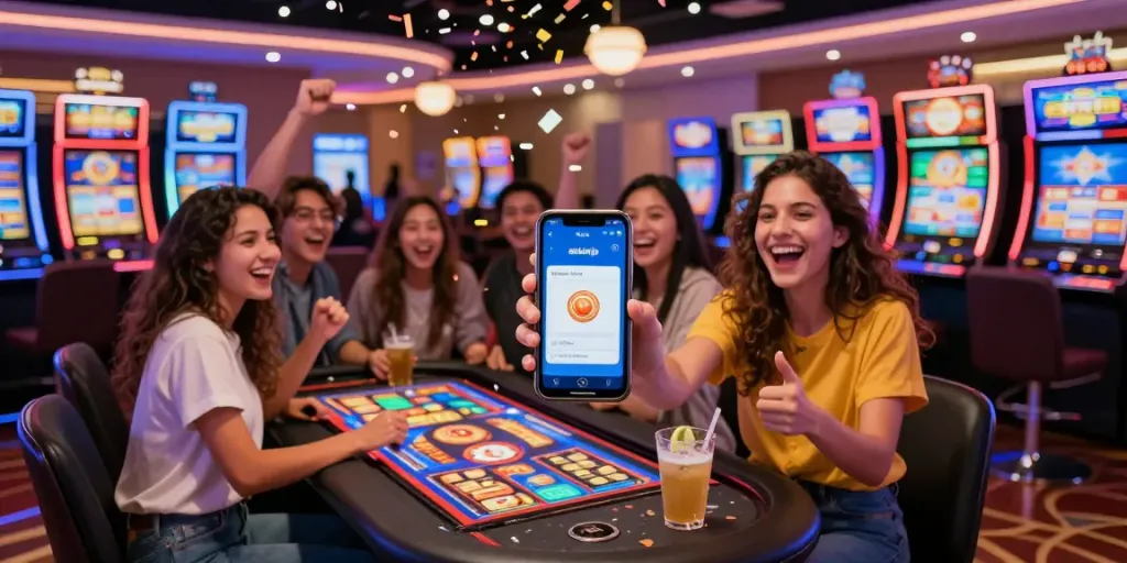 Friends celebrating a win at akunjp gaming table in a vibrant casino atmosphere.