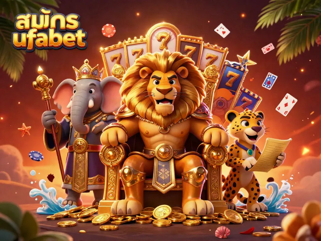 Experience the excitement of สมัคร ufabet with a royal lion king, wise elephant, and swift cheetah in a vibrant casino setting.