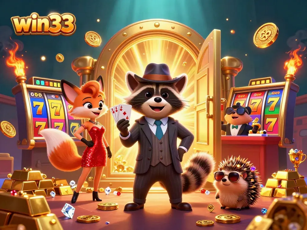 Experience the thrill of win33 with vibrant slot machines and a royal flush in hand in this engaging casino scene.