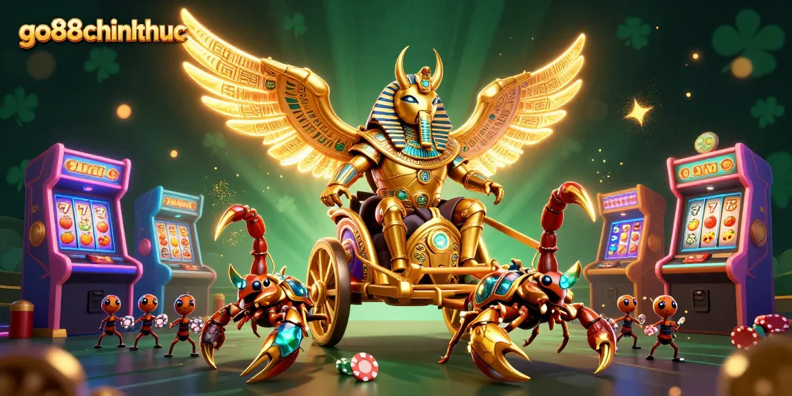 Engage with go88chinhthuc's thrilling slots as a golden scarab leads an exciting chariot race.