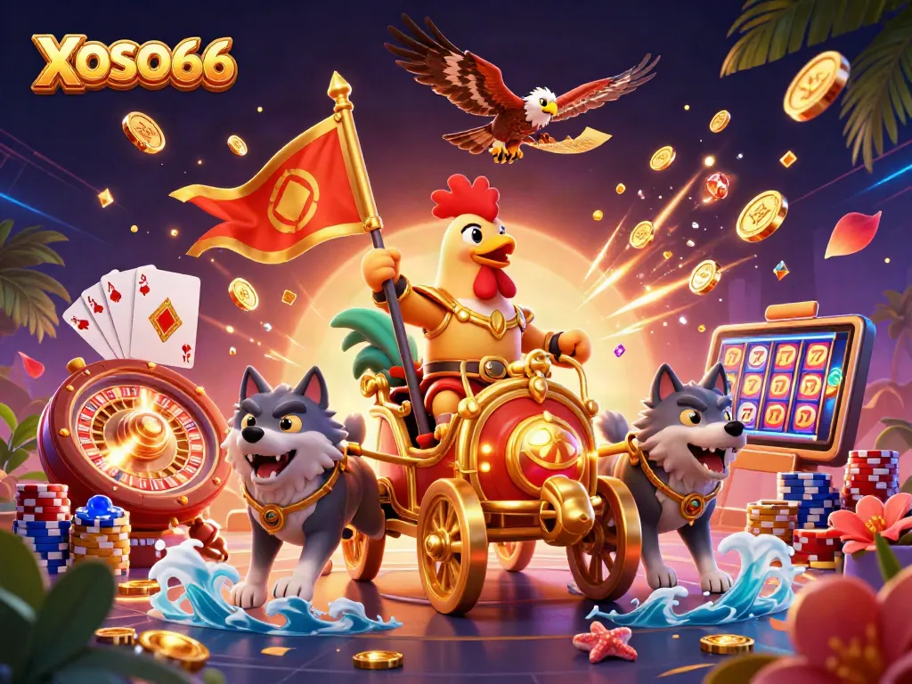 Engage in thrilling gameplay with XOSO66, showcasing a rooster warlord and casino elements.