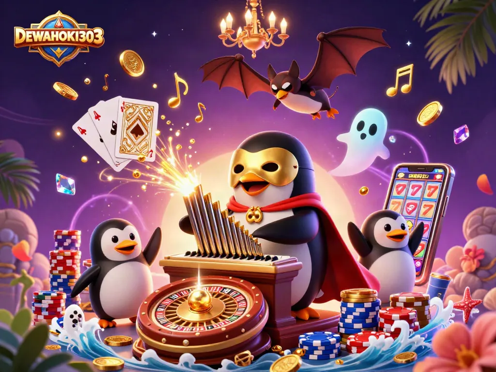 DEWAHOKI303 menghadirkan jackpot slot epik dengan penguin opera bermain organ berlapis emas, koin melimpah.