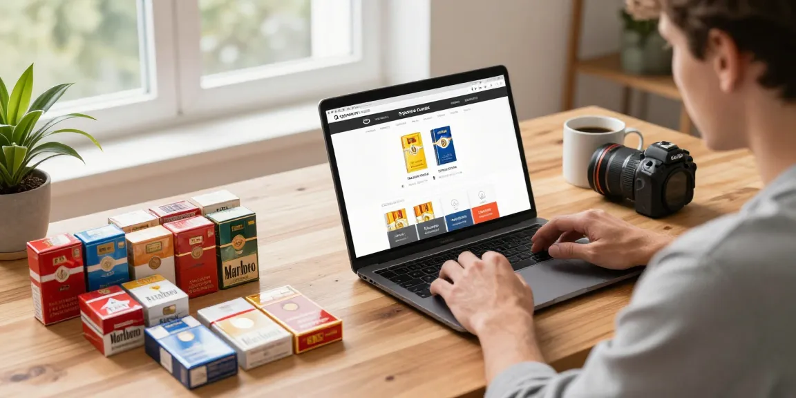 Browse cheap cigarettes online in Australia at Cigarette Central, showcasing various brands and packs on laptop.