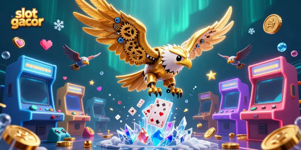 Experience the excitement of slot gacor with a vibrant 3D illustration showcasing a cybernetic eagle and arcade elements.