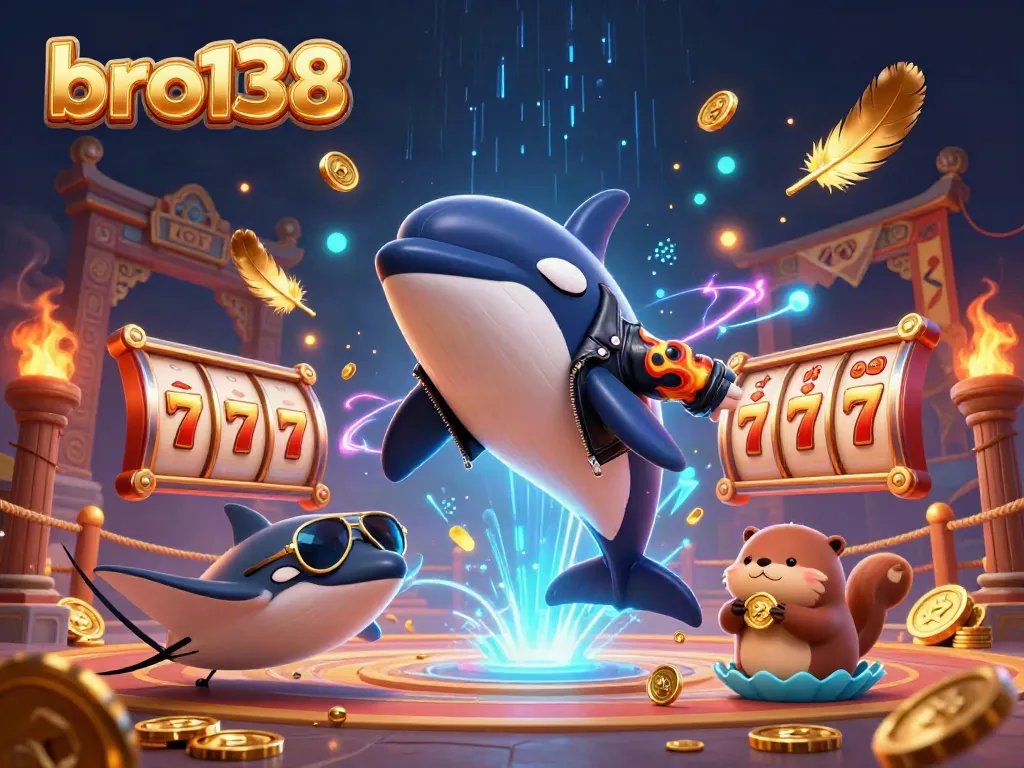 Experience the thrill of gaming with bro138 as playful characters collect rewards in a vibrant casino scene.