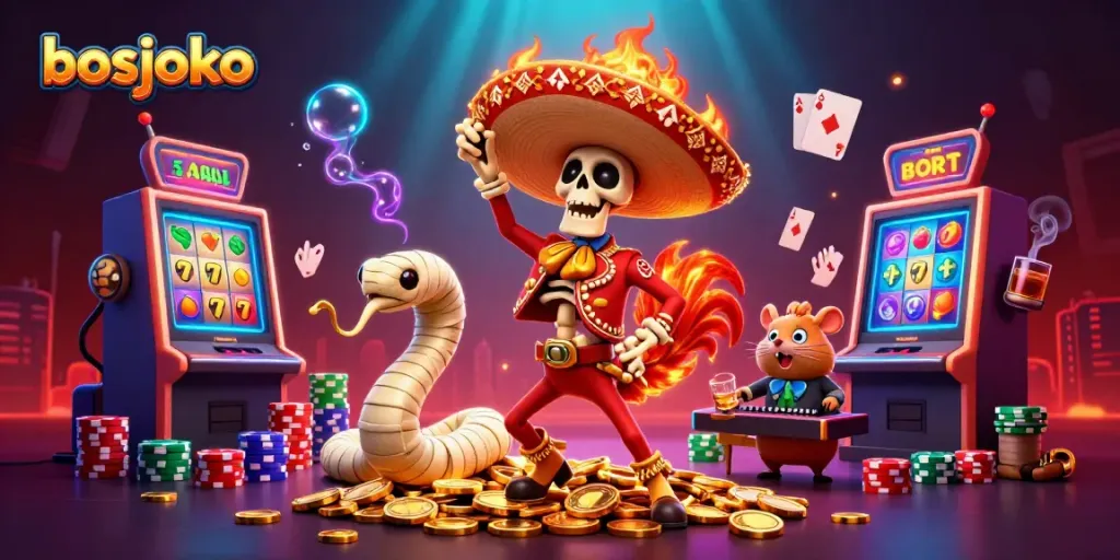 Experience the vibrant world of bosjoko's casino with a lively cartoon scene featuring a dancing mariachi rooster and a DJ hamster.