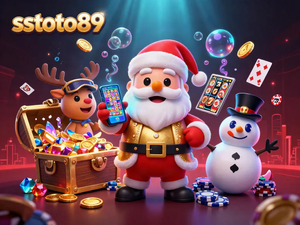 Permainan slot jackpot sstoto89 ditampilkan dengan karakter lucu dalam kasino yang meriah.