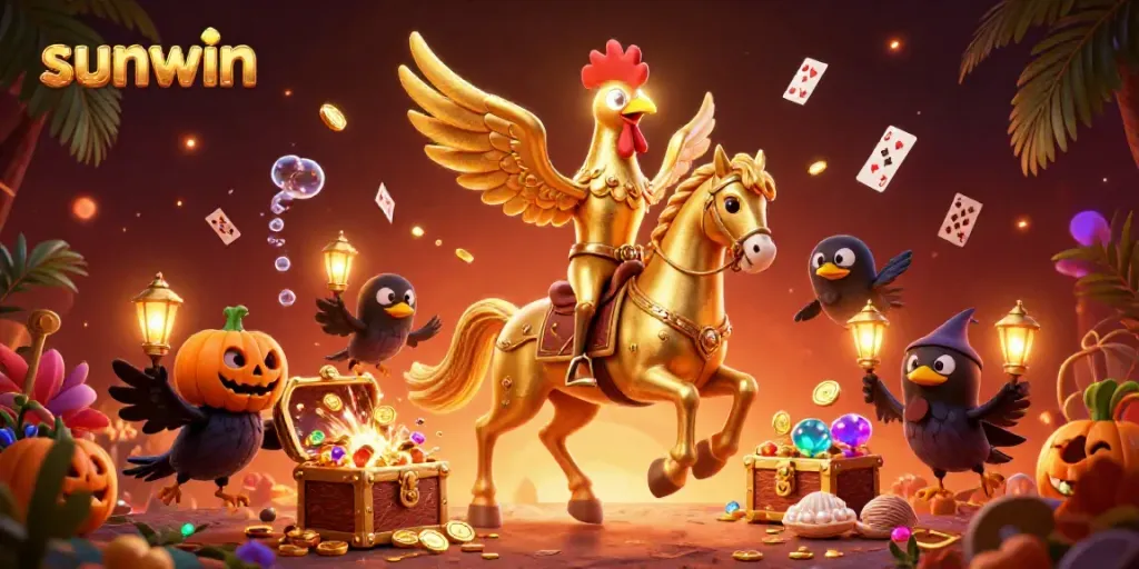 Experience the excitement at sunwin with a dynamic scene of a golden rooster and crow companions in a vibrant casino.