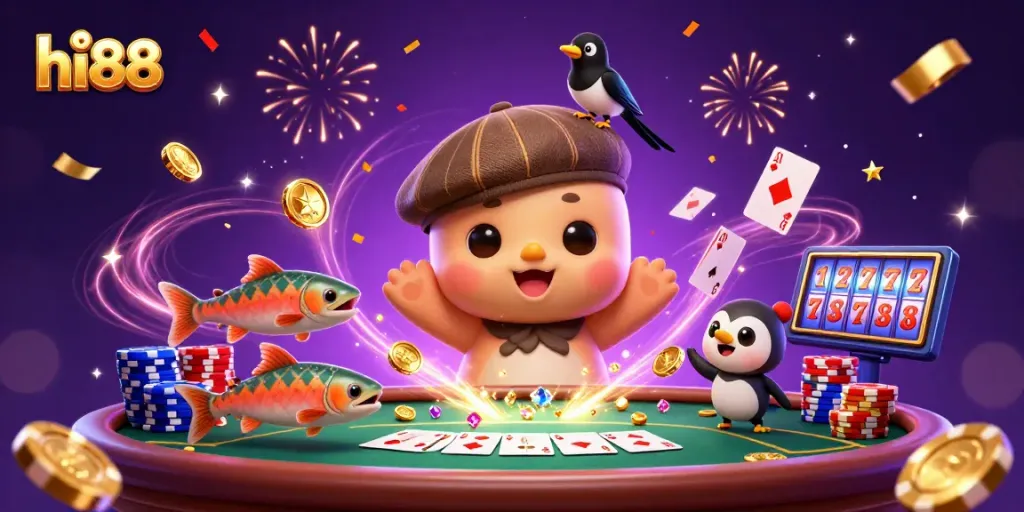 Experience hi88 gameplay excitement with lively characters, vibrant casino elements, and festive energy.