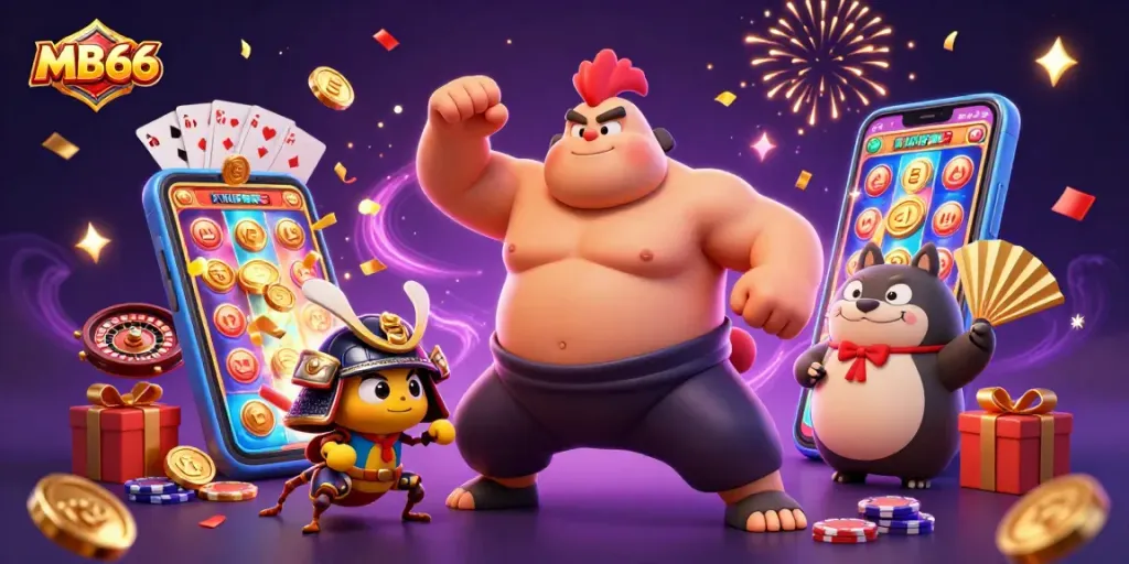 Experience the excitement of MB66 in this dynamic casino scene with engaging characters and vibrant elements.
