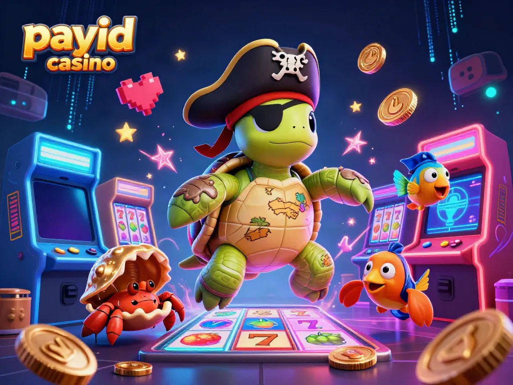 Experience fast transactions at PayID casinos with a whimsical scene featuring a pirate turtle and arcade elements.