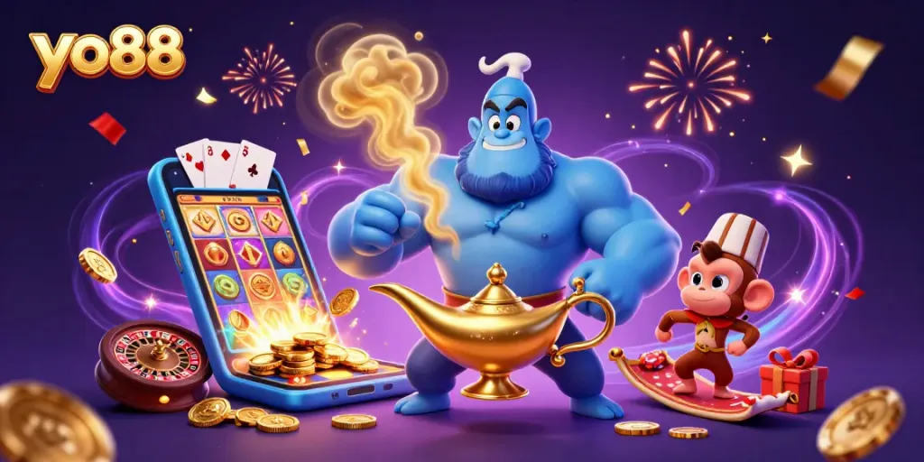 yo88 showcases a vibrant casino experience with slot games, poker chips, and celebratory confetti.