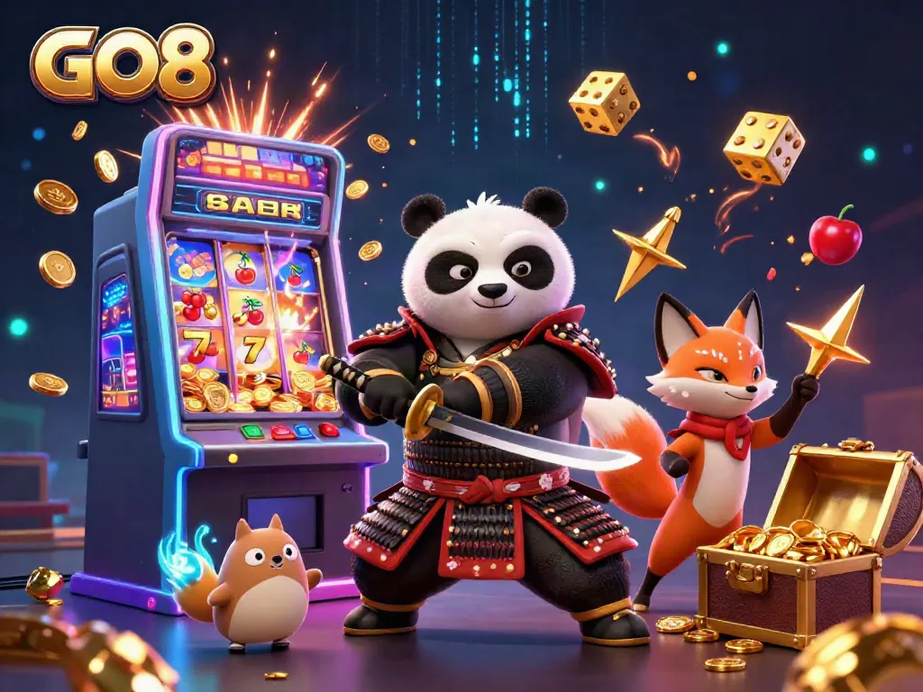 Experience the thrilling excitement of GO8 with characters and vibrant casino elements in an immersive 3D illustration.