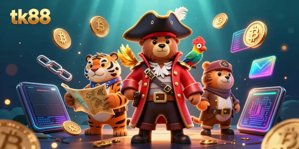 Experience the exciting games at TK88 with vibrant 3D casino characters and crypto elements.