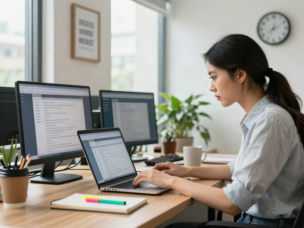 Job seeker exploring หางาน opportunities in a modern office setup