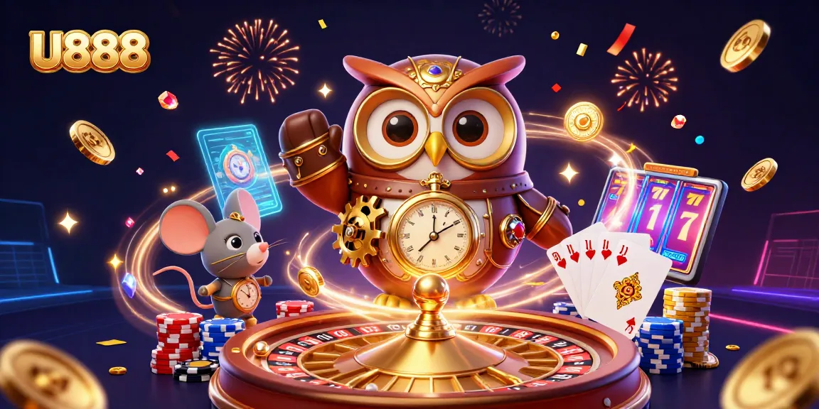 Experience U888's thrilling slots and gaming with vibrant 3D casino illustration.