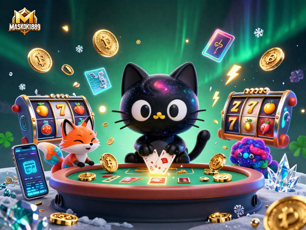 Experience MASKOKI889's vibrant cosmic casino scene, with a black hole cat and nebula fox amidst golden chips.