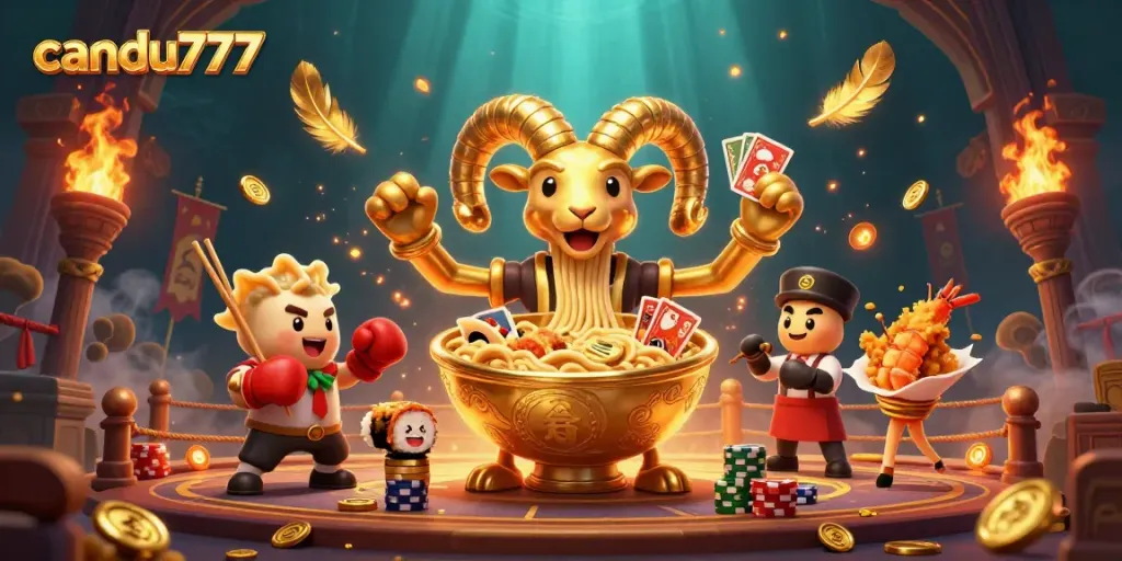 Permainan menarik "candu777" dengan karakter kartun 3D dan elemen kasino yang penuh energi.