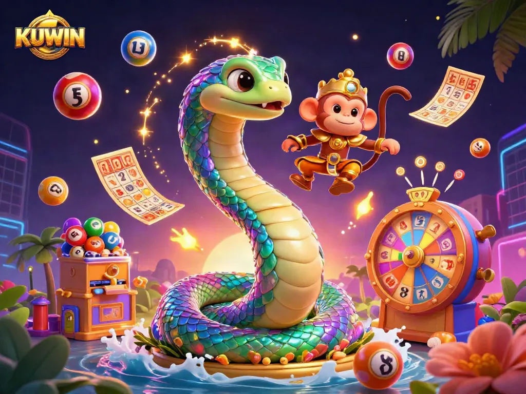 Engage with KUWIN's vibrant games, showcasing an exciting scene of a magical monkey king and rainbow serpent amidst lottery elements.