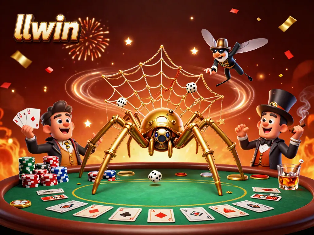 Experience thrilling gameplay at llwin with a vibrant steampunk spider catching dice at a lively poker scene.